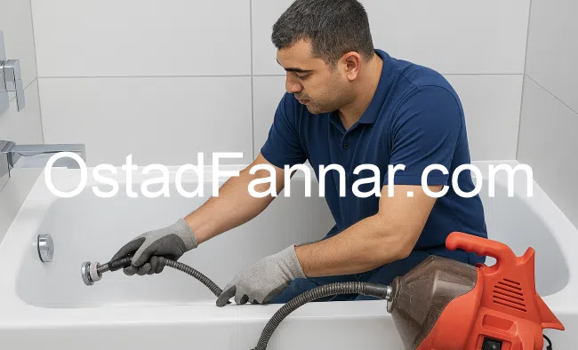 لولهکش در حال بررسی گرفتگی لوله فاضلاب