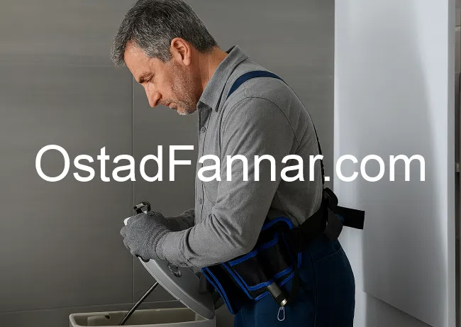 تعمیرکار حرفه‌ای در حال لوله بازکنی در سرویس بهداشتی منطقه ستارخان تهران
